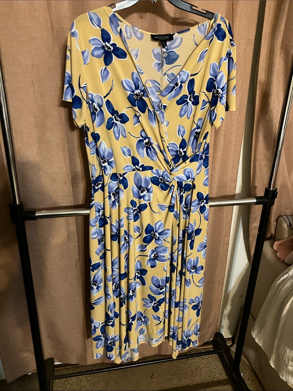 Perceptions Yellow Midi Dress with Blue Floral Print